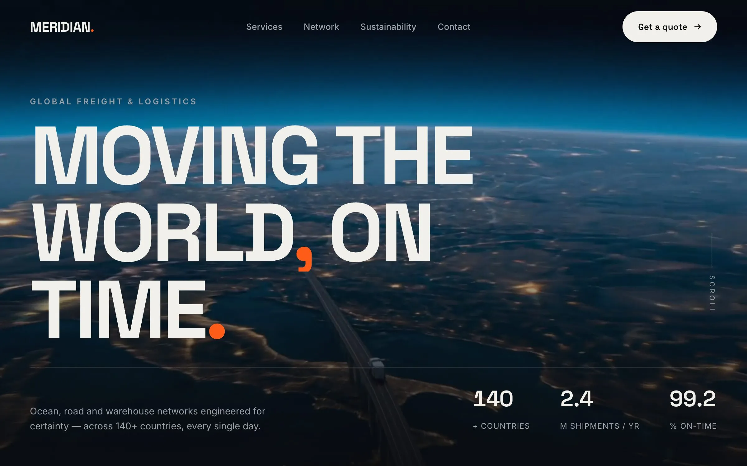 Startseite des Beispielprojekts Meridian: große Überschrift „Moving the world, on time.“ über einer nächtlichen Luftaufnahme der Erde mit Lichtern und einer Brücke